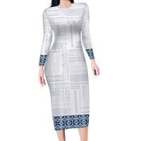 Samoa Siapo Blue Trimmed Family Matching Long Sleeve Bodycon Dress and Hawaiian Shirt Samoa White Sunday LT01 Mom's Dress Blue - Polynesian Pride