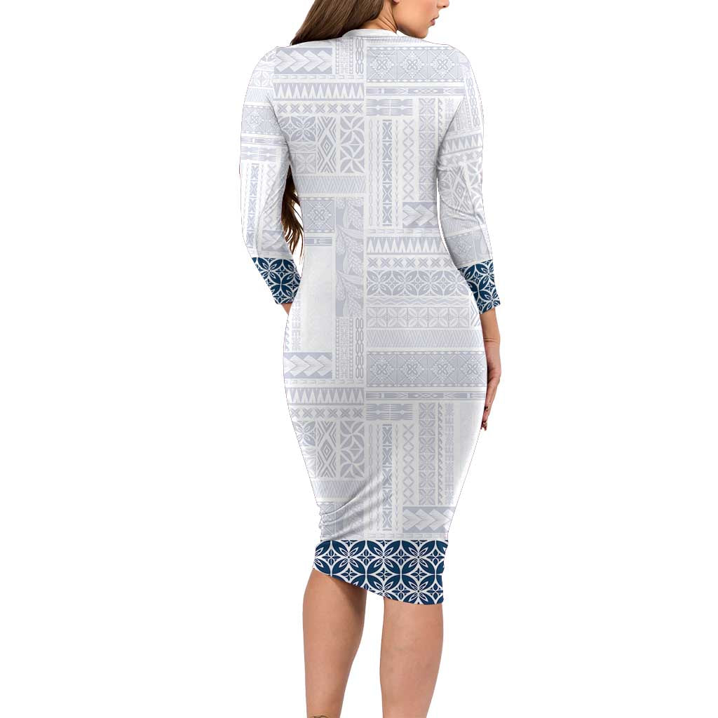 Samoa Siapo Blue Trimmed Family Matching Long Sleeve Bodycon Dress and Hawaiian Shirt Samoa White Sunday LT01 - Polynesian Pride