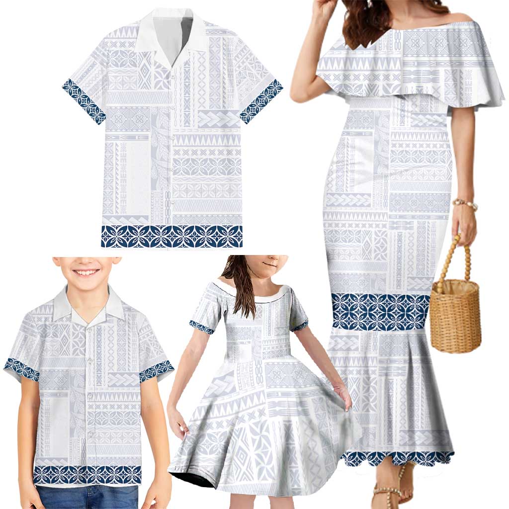 Samoa Siapo Blue Trimmed Family Matching Mermaid Dress and Hawaiian Shirt Samoa White Sunday LT01 - Polynesian Pride