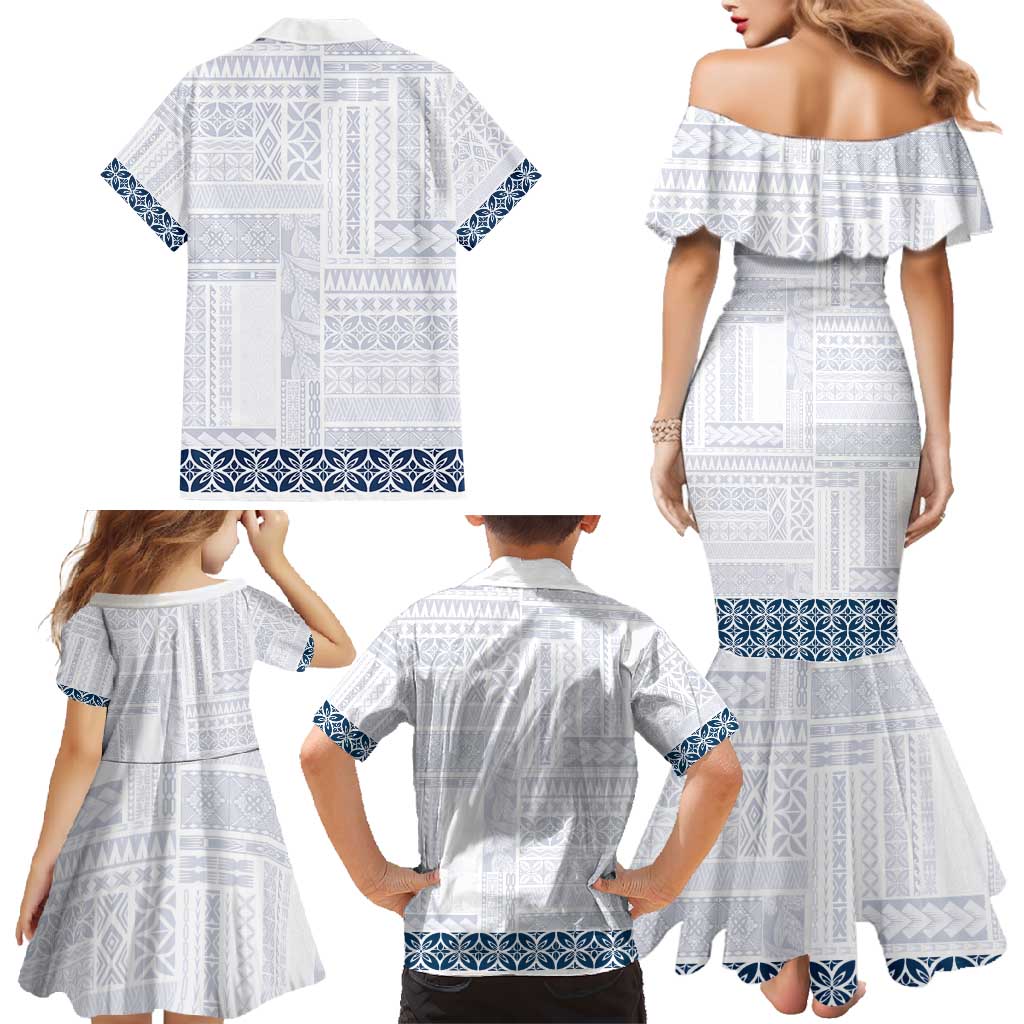 Samoa Siapo Blue Trimmed Family Matching Mermaid Dress and Hawaiian Shirt Samoa White Sunday LT01 - Polynesian Pride