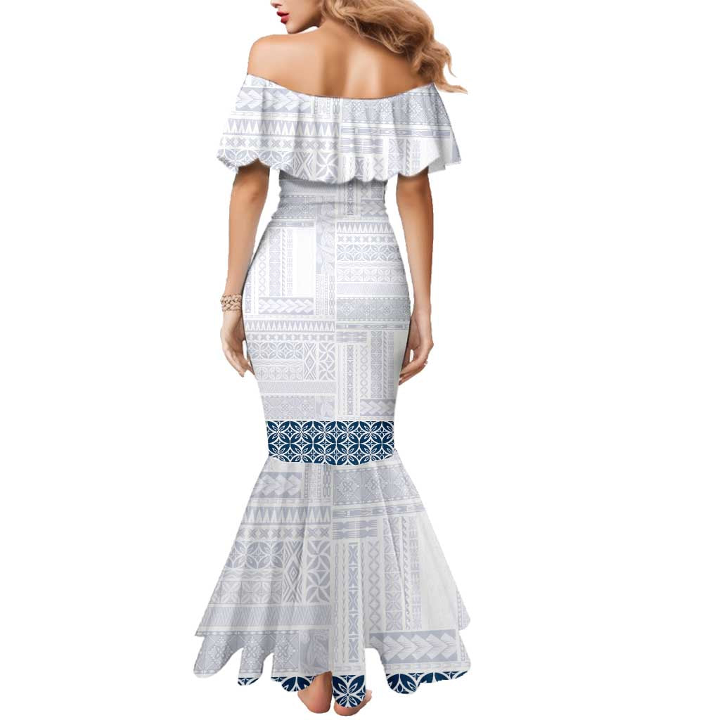 Samoa Siapo Blue Trimmed Family Matching Mermaid Dress and Hawaiian Shirt Samoa White Sunday LT01 - Polynesian Pride