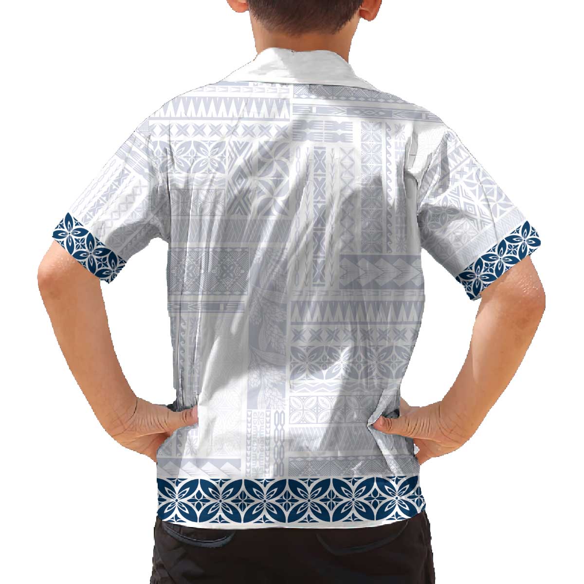 Samoa Siapo Blue Trimmed Family Matching Off The Shoulder Long Sleeve Dress and Hawaiian Shirt Samoa White Sunday LT01 - Polynesian Pride