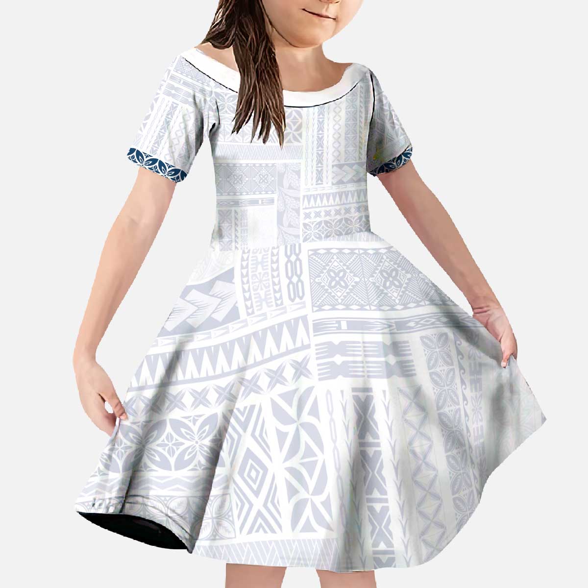 Samoa Siapo Blue Trimmed Family Matching Off The Shoulder Long Sleeve Dress and Hawaiian Shirt Samoa White Sunday LT01 Daughter's Dress Blue - Polynesian Pride
