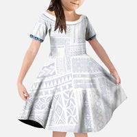 Samoa Siapo Blue Trimmed Family Matching Off The Shoulder Long Sleeve Dress and Hawaiian Shirt Samoa White Sunday LT01 Daughter's Dress Blue - Polynesian Pride