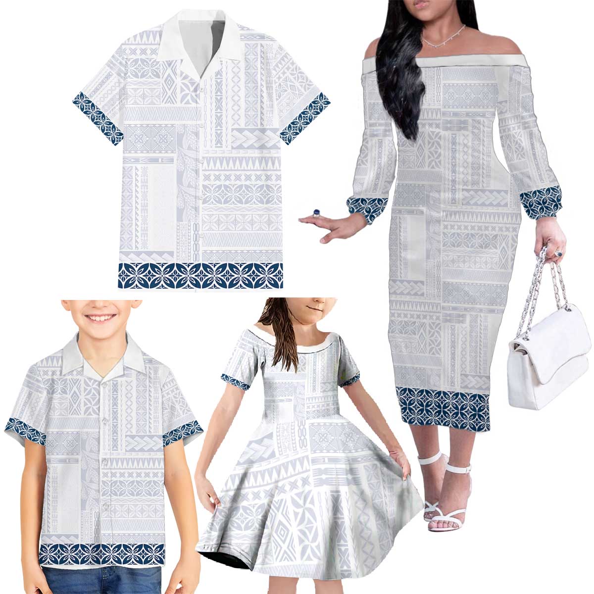Samoa Siapo Blue Trimmed Family Matching Off The Shoulder Long Sleeve Dress and Hawaiian Shirt Samoa White Sunday LT01 - Polynesian Pride