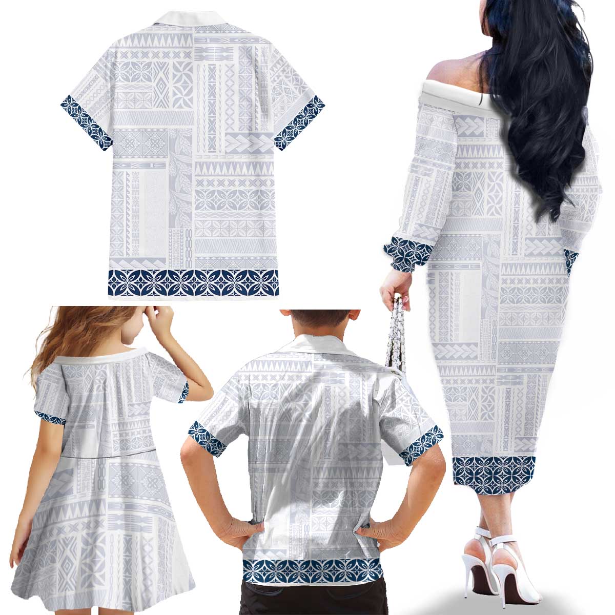 Samoa Siapo Blue Trimmed Family Matching Off The Shoulder Long Sleeve Dress and Hawaiian Shirt Samoa White Sunday LT01 - Polynesian Pride