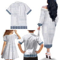 Samoa Siapo Blue Trimmed Family Matching Off The Shoulder Long Sleeve Dress and Hawaiian Shirt Samoa White Sunday LT01 - Polynesian Pride