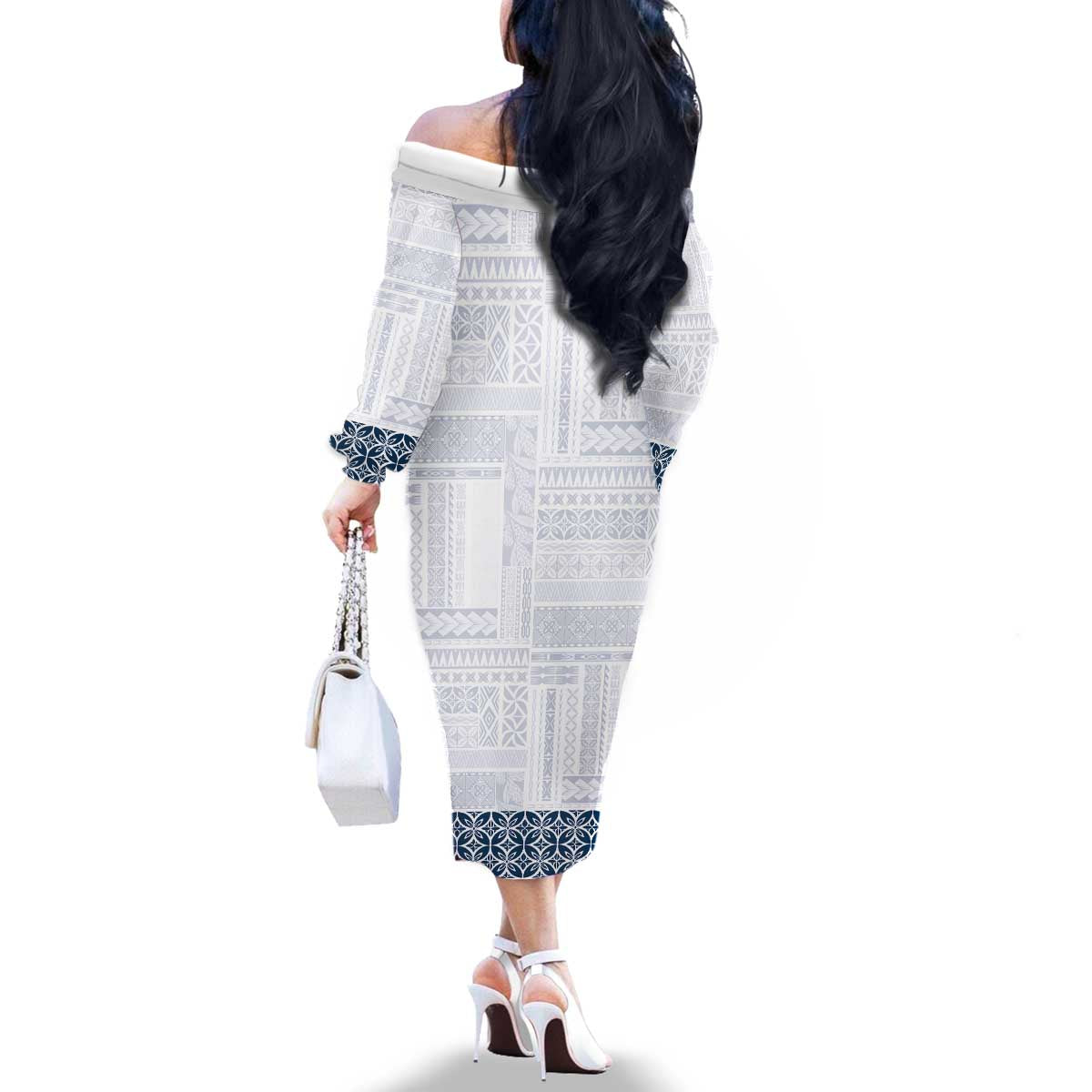 Samoa Siapo Blue Trimmed Family Matching Off The Shoulder Long Sleeve Dress and Hawaiian Shirt Samoa White Sunday LT01 - Polynesian Pride