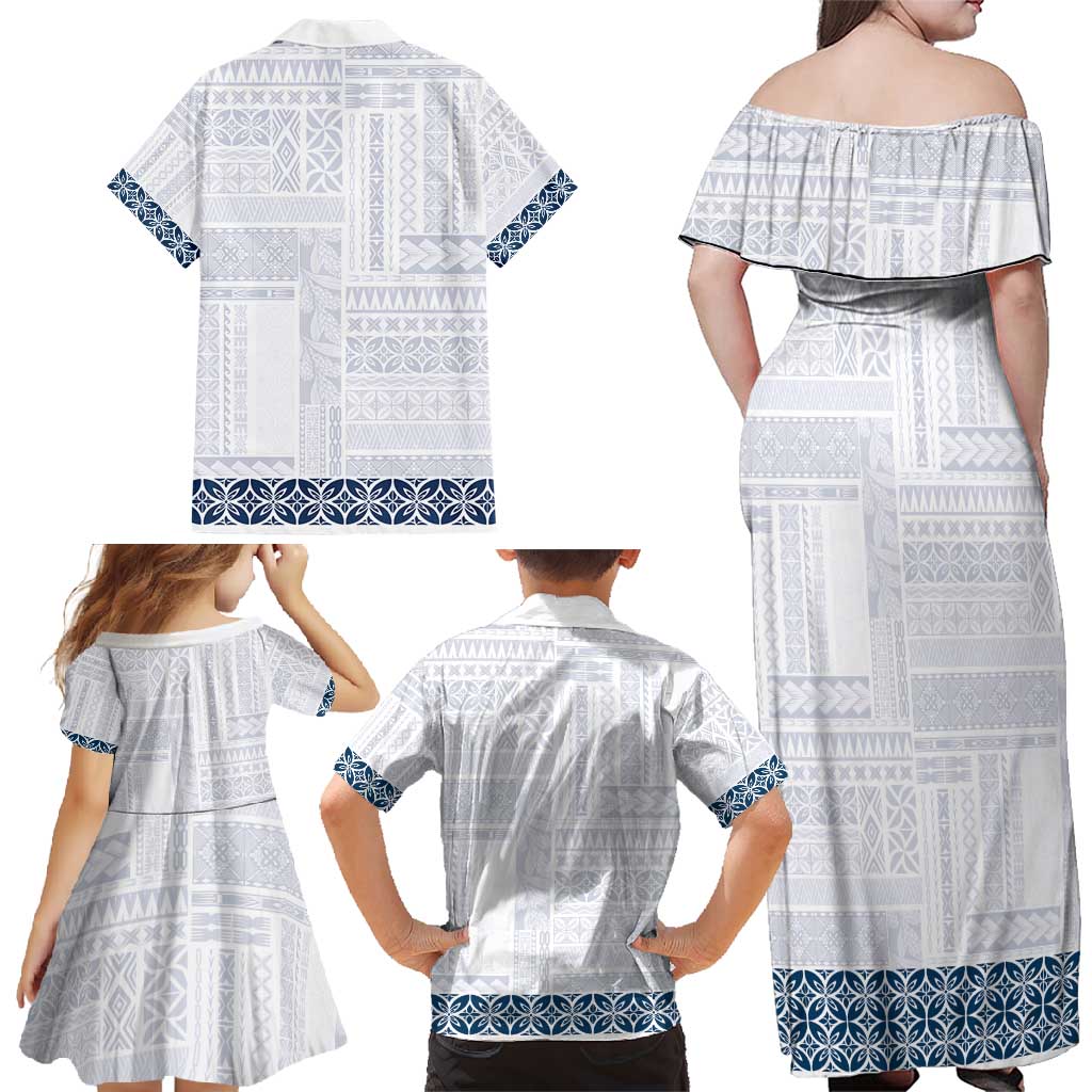 Samoa Siapo Blue Trimmed Family Matching Off Shoulder Maxi Dress and Hawaiian Shirt Samoa White Sunday LT01 - Polynesian Pride