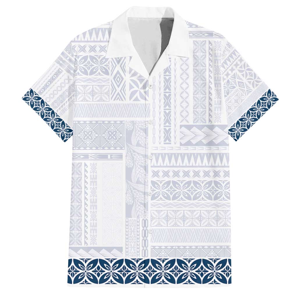 Samoa Siapo Blue Trimmed Family Matching Off Shoulder Maxi Dress and Hawaiian Shirt Samoa White Sunday LT01 Dad's Shirt - Short Sleeve Blue - Polynesian Pride