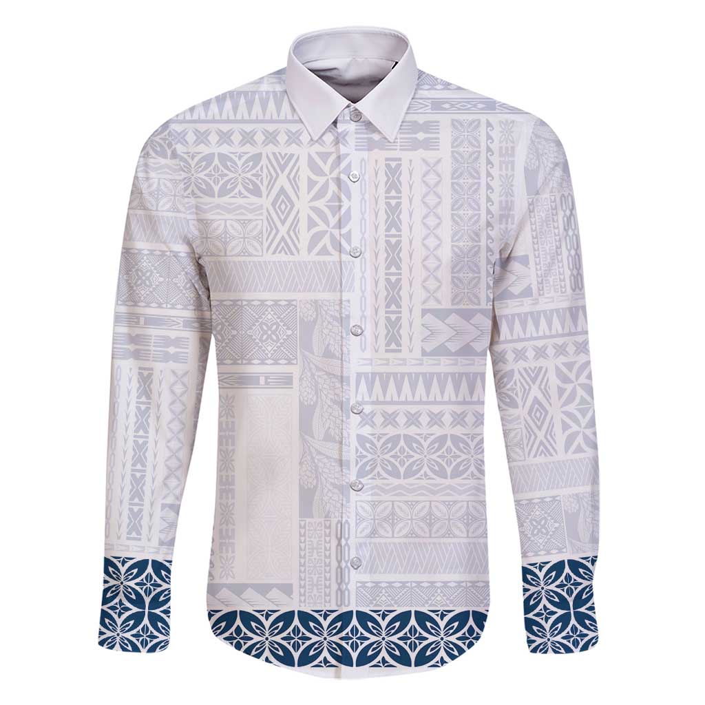 Samoa Siapo Blue Trimmed Family Matching Off Shoulder Maxi Dress and Hawaiian Shirt Samoa White Sunday LT01 Dad's Shirt - Long Sleeve Blue - Polynesian Pride