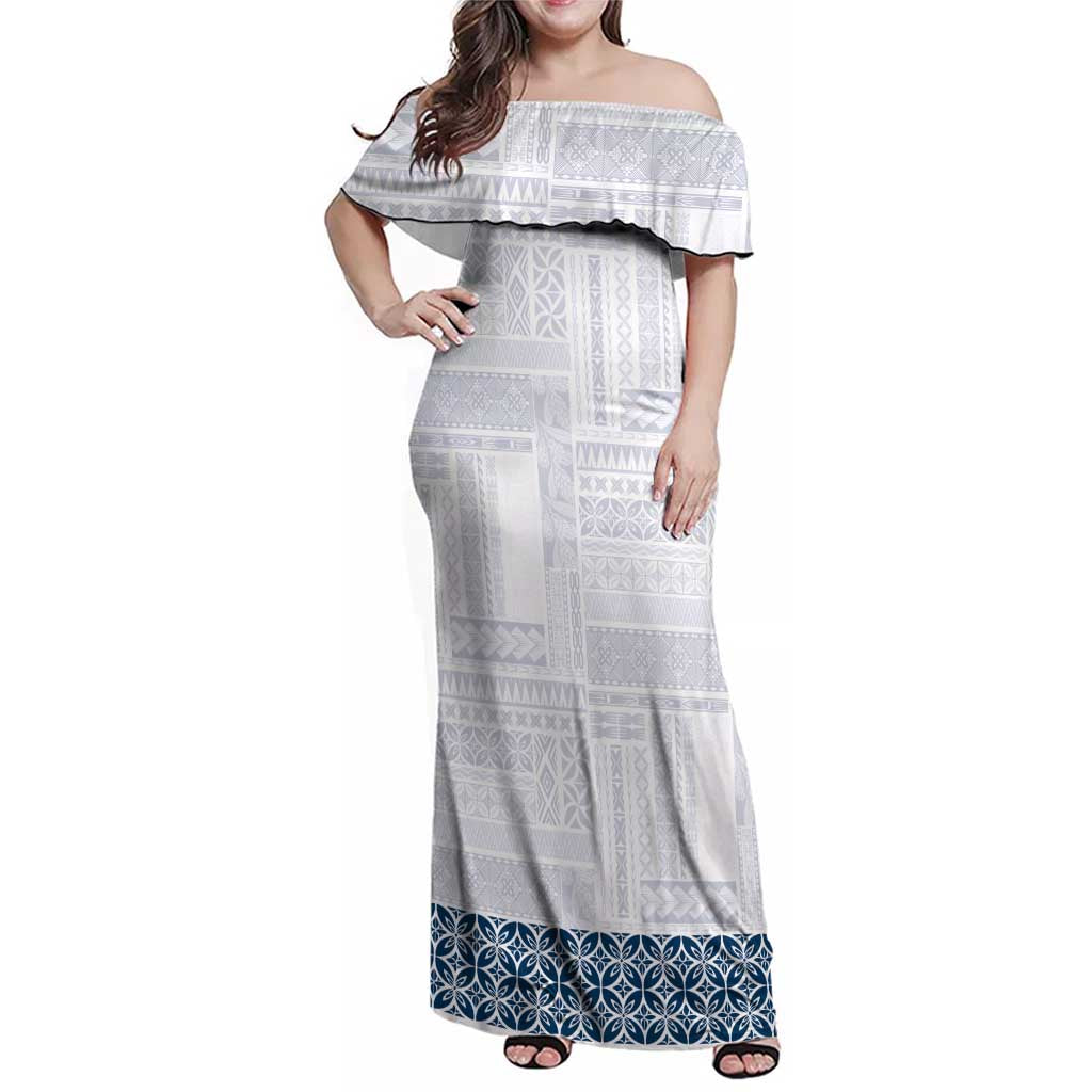 Samoa Siapo Blue Trimmed Family Matching Off Shoulder Maxi Dress and Hawaiian Shirt Samoa White Sunday LT01 Mom's Dress Blue - Polynesian Pride