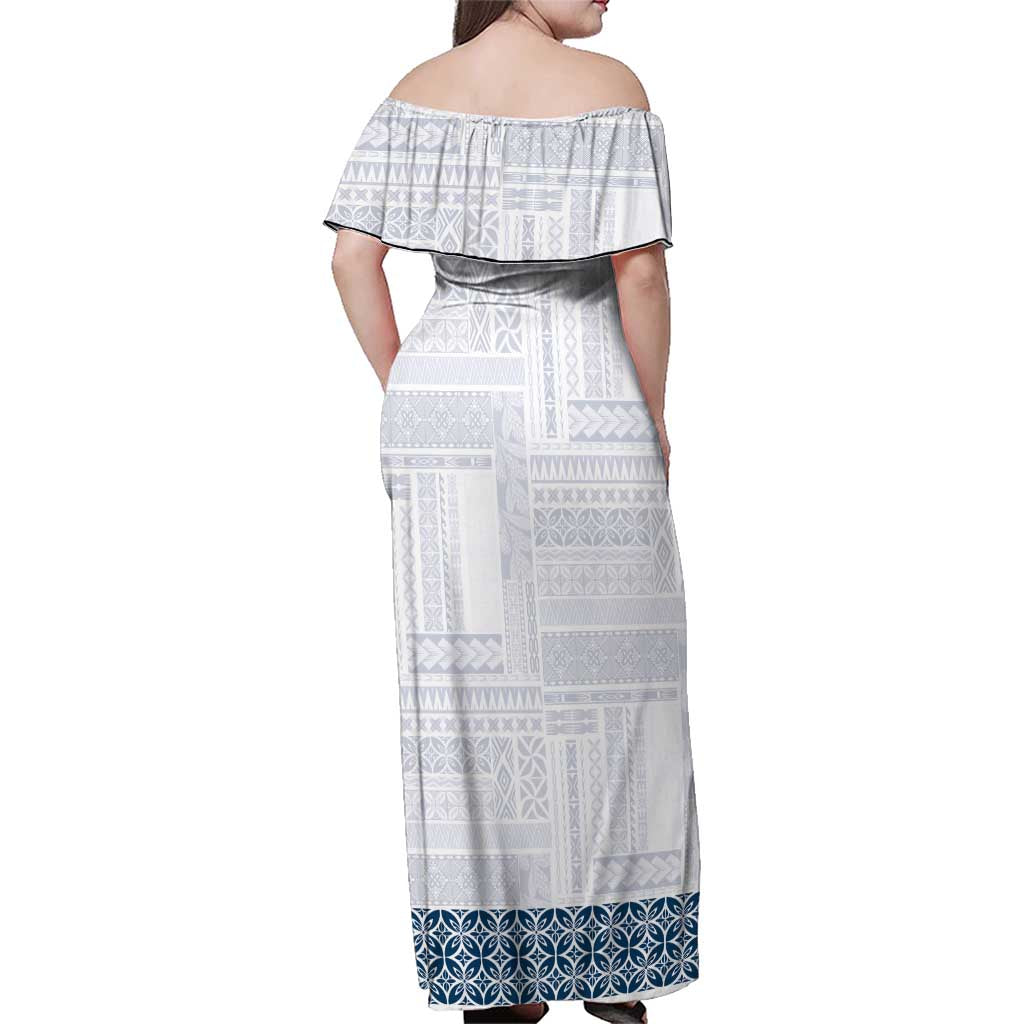 Samoa Siapo Blue Trimmed Family Matching Off Shoulder Maxi Dress and Hawaiian Shirt Samoa White Sunday LT01 - Polynesian Pride