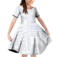 Samoa Siapo Blue Trimmed Family Matching Off Shoulder Short Dress and Hawaiian Shirt Samoa White Sunday LT01 Daughter's Dress Blue - Polynesian Pride