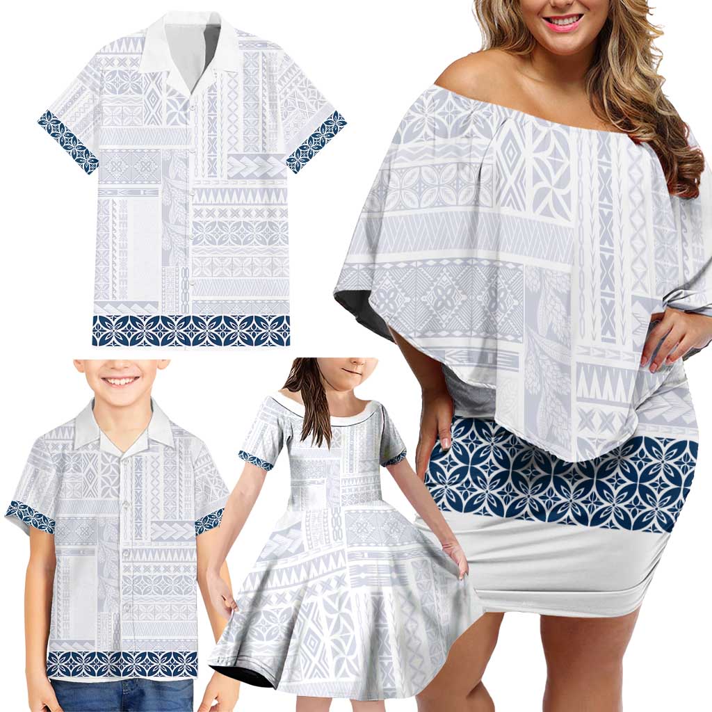 Samoa Siapo Blue Trimmed Family Matching Off Shoulder Short Dress and Hawaiian Shirt Samoa White Sunday LT01 - Polynesian Pride