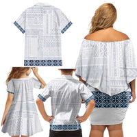 Samoa Siapo Blue Trimmed Family Matching Off Shoulder Short Dress and Hawaiian Shirt Samoa White Sunday LT01 - Polynesian Pride