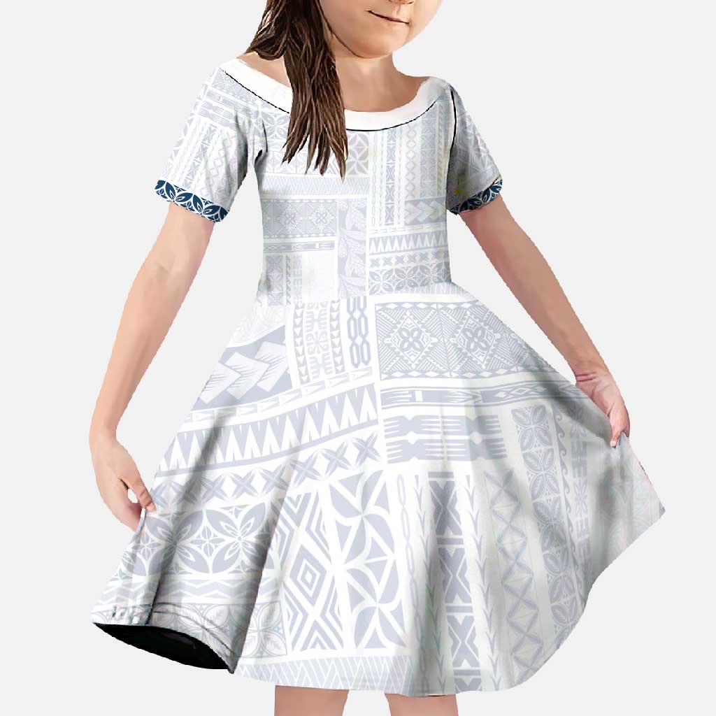 Samoa Siapo Blue Trimmed Family Matching Short Sleeve Bodycon Dress and Hawaiian Shirt Samoa White Sunday LT01 Daughter's Dress Blue - Polynesian Pride
