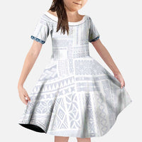 Samoa Siapo Blue Trimmed Family Matching Short Sleeve Bodycon Dress and Hawaiian Shirt Samoa White Sunday LT01 Daughter's Dress Blue - Polynesian Pride