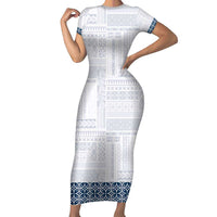 Samoa Siapo Blue Trimmed Family Matching Short Sleeve Bodycon Dress and Hawaiian Shirt Samoa White Sunday LT01 Mom's Dress Blue - Polynesian Pride