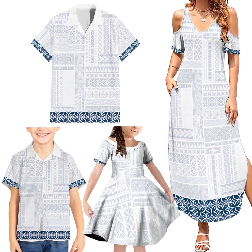 Samoa Siapo Blue Trimmed Family Matching Summer Maxi Dress and Hawaiian Shirt Samoa White Sunday LT01 - Polynesian Pride