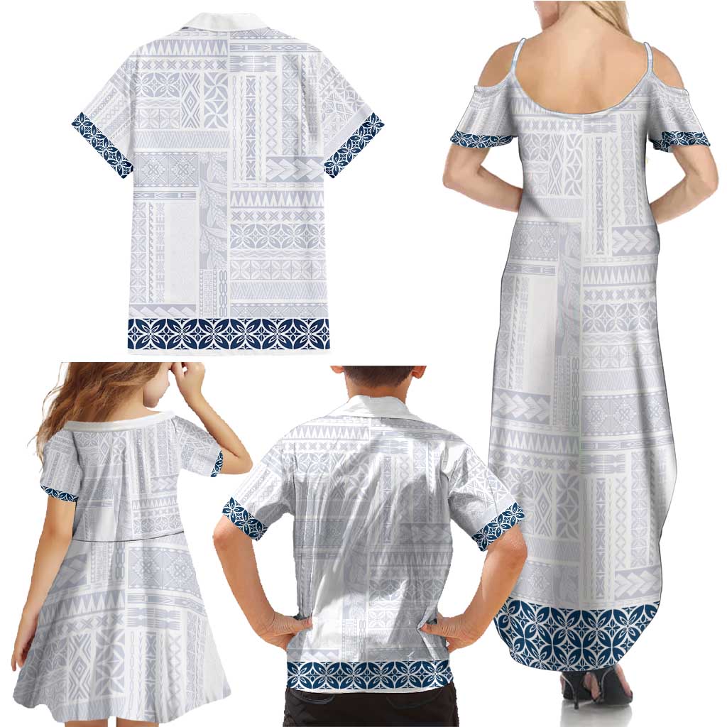 Samoa Siapo Blue Trimmed Family Matching Summer Maxi Dress and Hawaiian Shirt Samoa White Sunday LT01 - Polynesian Pride
