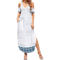 Samoa Siapo Blue Trimmed Family Matching Summer Maxi Dress and Hawaiian Shirt Samoa White Sunday LT01 Mom's Dress Blue - Polynesian Pride