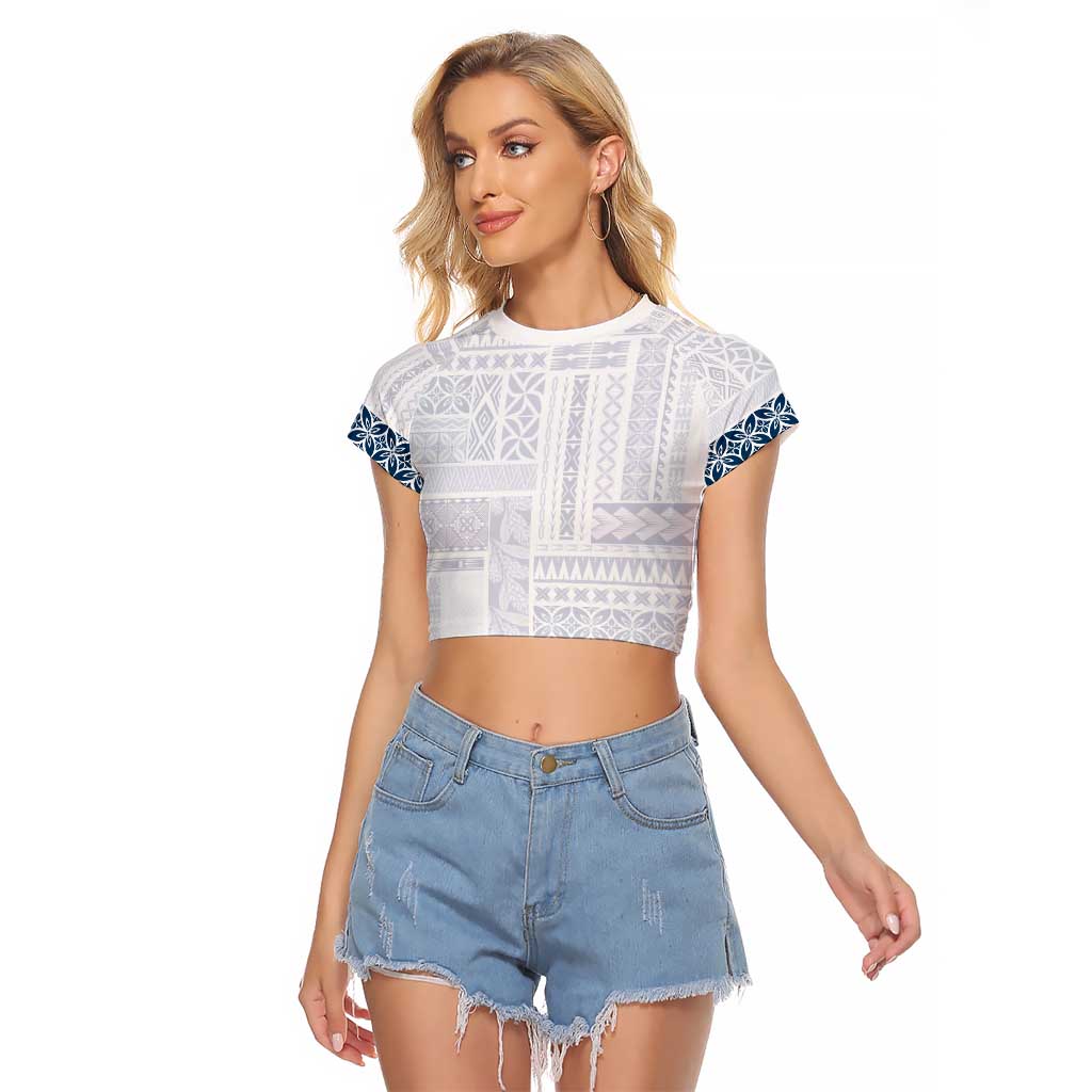 Samoa Siapo Blue Trimmed Raglan Cropped T Shirt Samoa White Sunday - Polynesian Pride