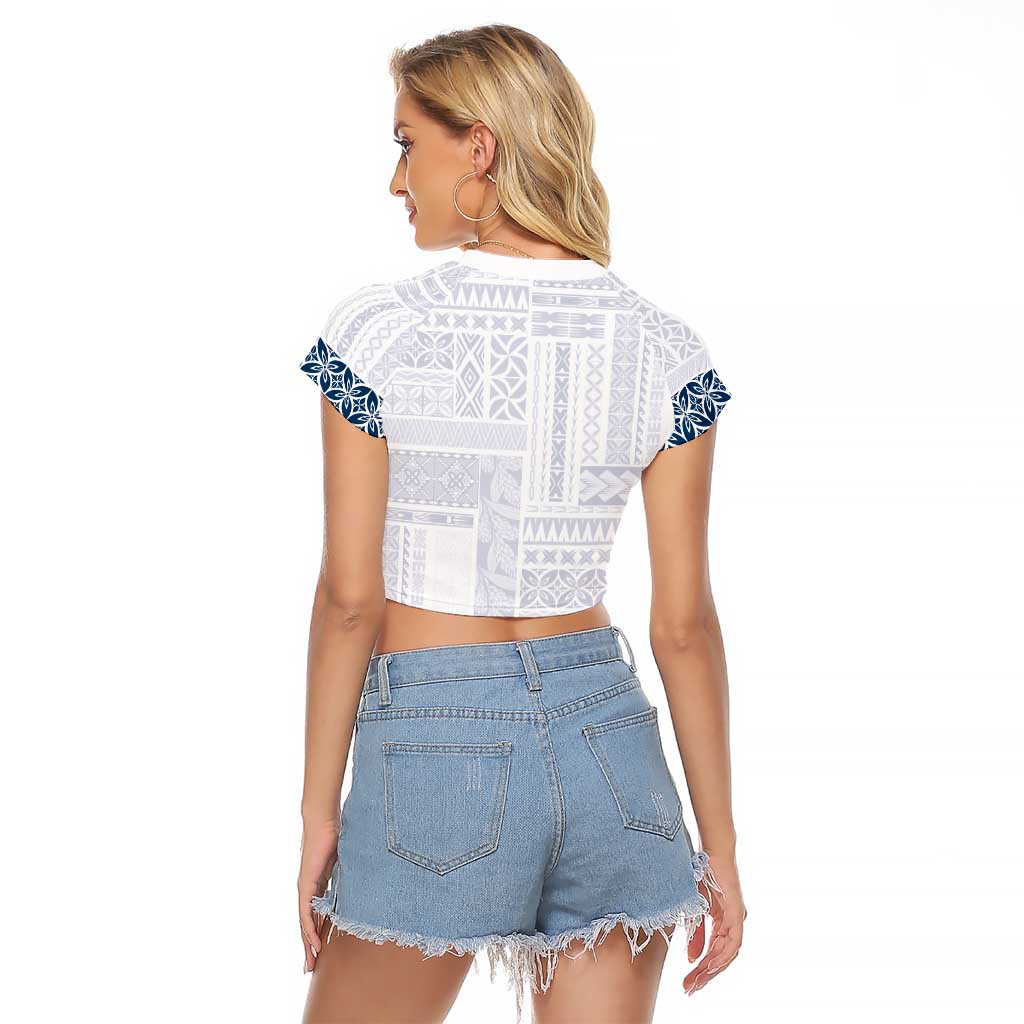 Samoa Siapo Blue Trimmed Raglan Cropped T Shirt Samoa White Sunday - Polynesian Pride