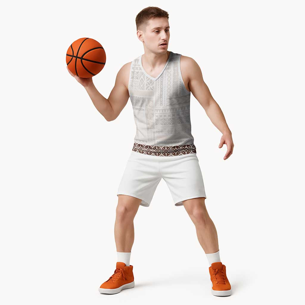 Samoa Siapo Brown Trimmed Basketball Jersey Samoa White Sunday - Polynesian Pride