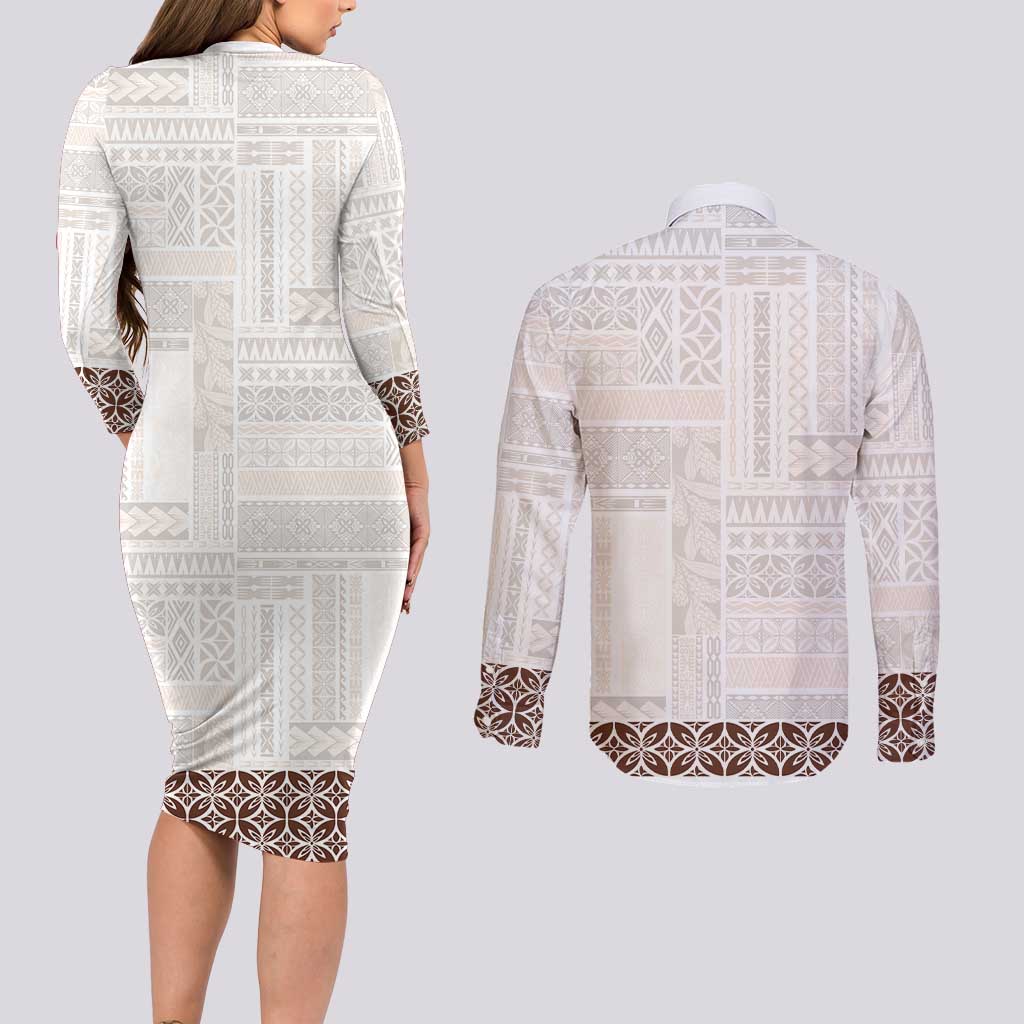Samoa Siapo Brown Trimmed Couples Matching Long Sleeve Bodycon Dress and Long Sleeve Button Shirt Samoa White Sunday - Polynesian Pride