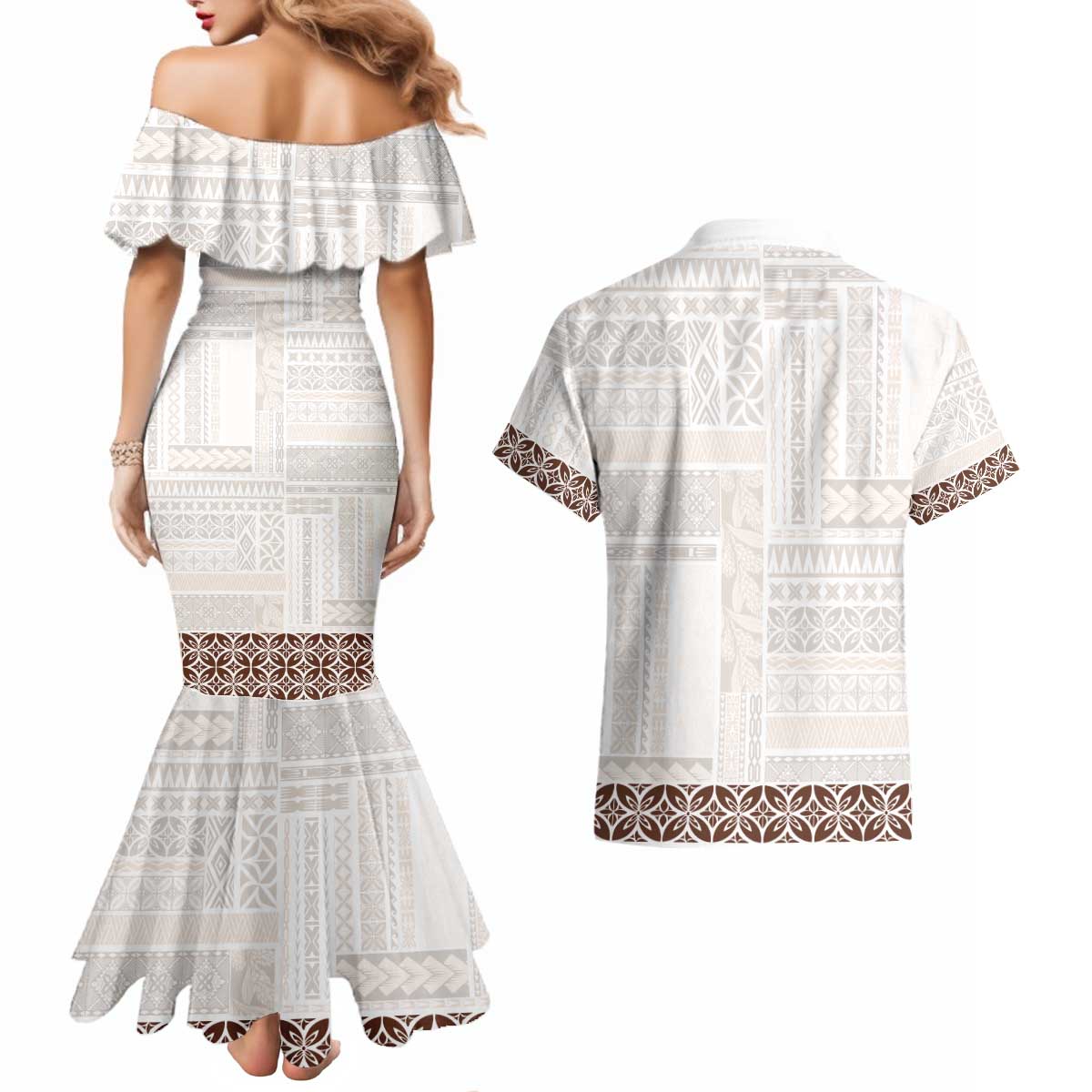 Samoa Siapo Brown Trimmed Couples Matching Mermaid Dress and Hawaiian Shirt Samoa White Sunday - Polynesian Pride