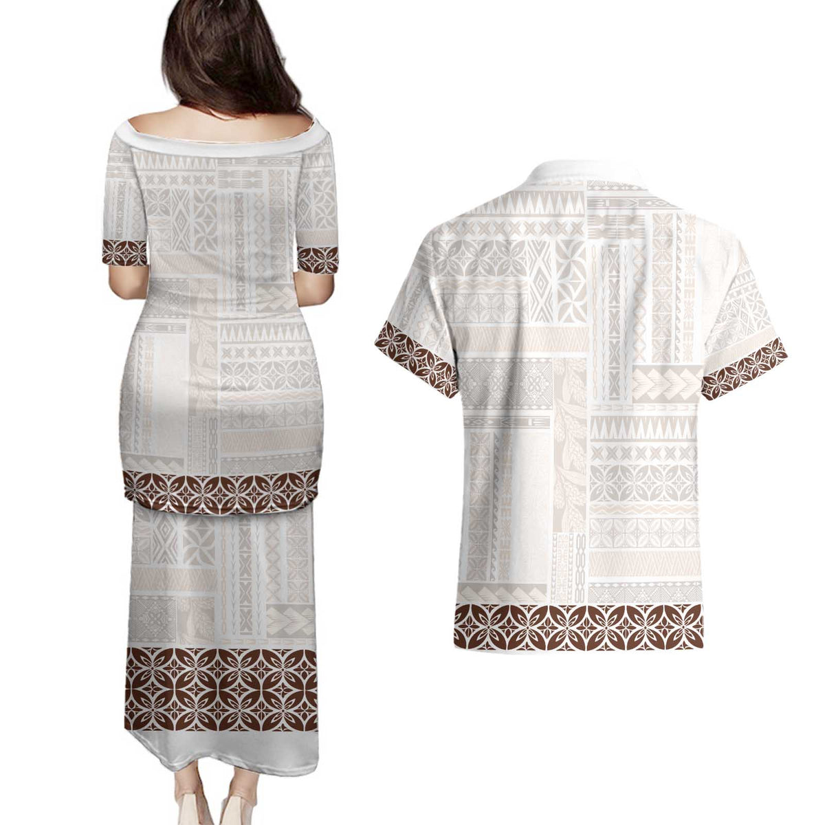Samoa Siapo Brown Trimmed Couples Matching Puletasi and Hawaiian Shirt Samoa White Sunday - Polynesian Pride