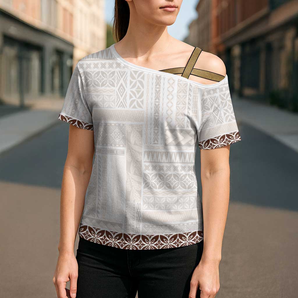Samoa Siapo Brown Trimmed Cross Shoulder Shirt Samoa White Sunday - Polynesian Pride