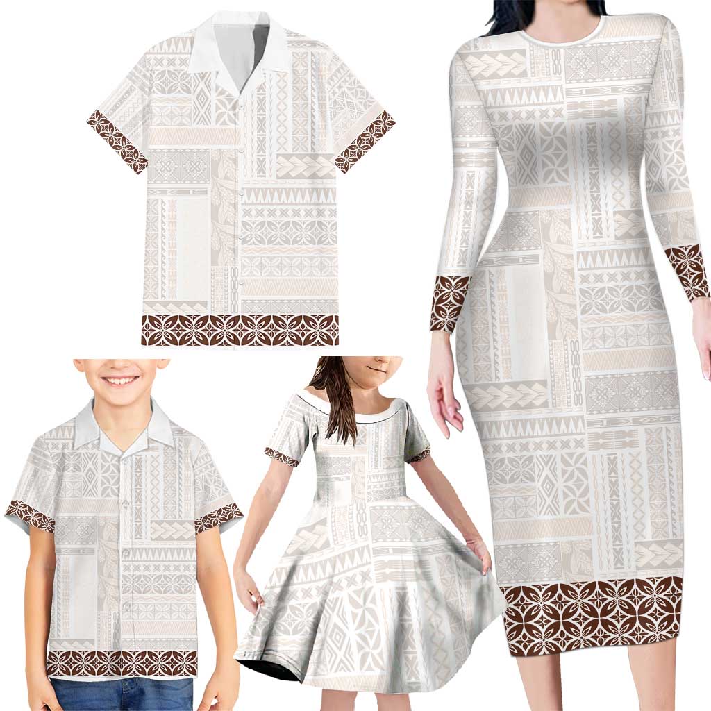 Samoa Siapo Brown Trimmed Family Matching Long Sleeve Bodycon Dress and Hawaiian Shirt Samoa White Sunday LT01 - Polynesian Pride