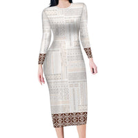 Samoa Siapo Brown Trimmed Family Matching Long Sleeve Bodycon Dress and Hawaiian Shirt Samoa White Sunday LT01 Mom's Dress Brown - Polynesian Pride