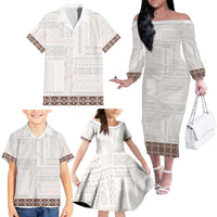 Samoa Siapo Brown Trimmed Family Matching Off The Shoulder Long Sleeve Dress and Hawaiian Shirt Samoa White Sunday LT01 - Polynesian Pride
