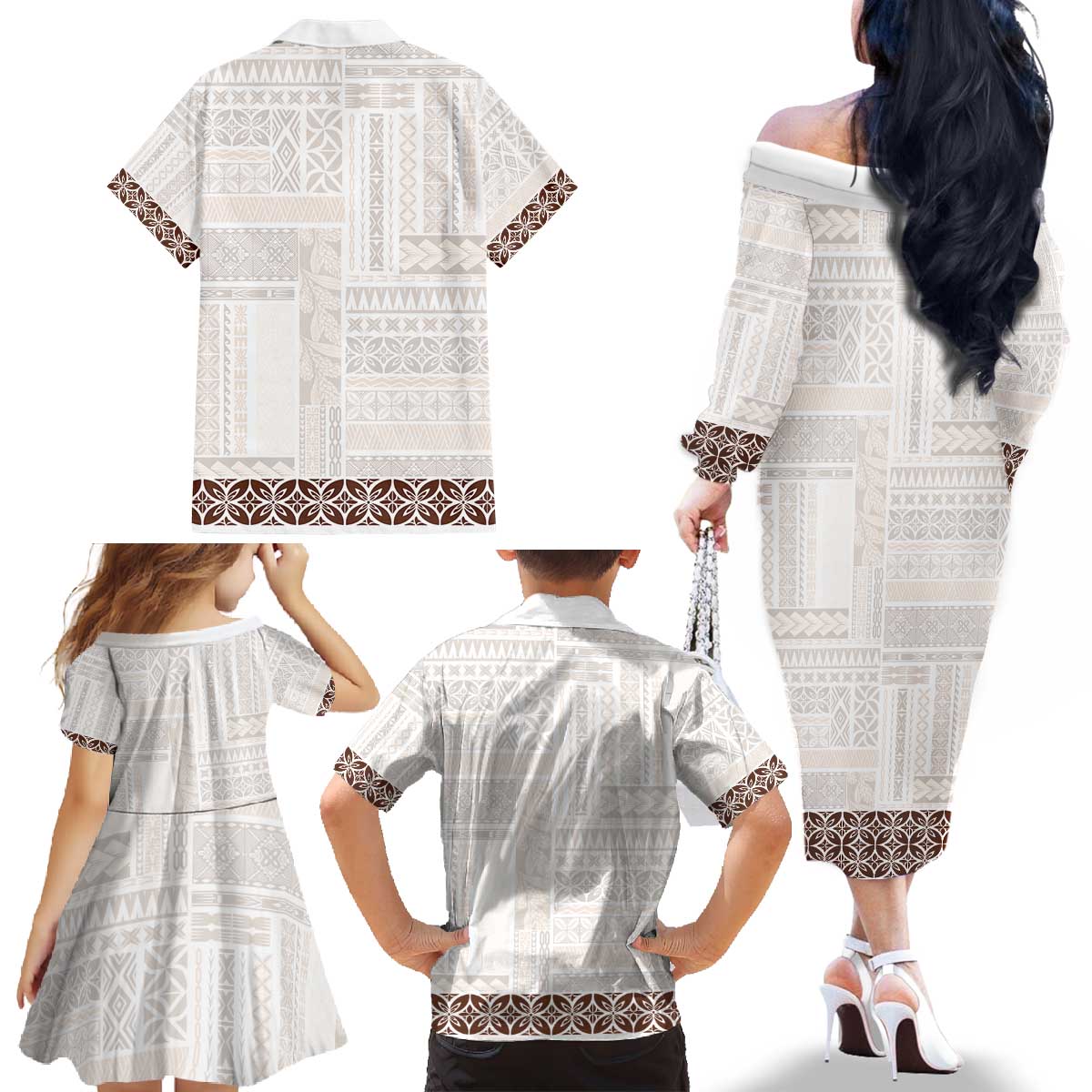 Samoa Siapo Brown Trimmed Family Matching Off The Shoulder Long Sleeve Dress and Hawaiian Shirt Samoa White Sunday LT01 - Polynesian Pride