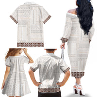 Samoa Siapo Brown Trimmed Family Matching Off The Shoulder Long Sleeve Dress and Hawaiian Shirt Samoa White Sunday LT01 - Polynesian Pride