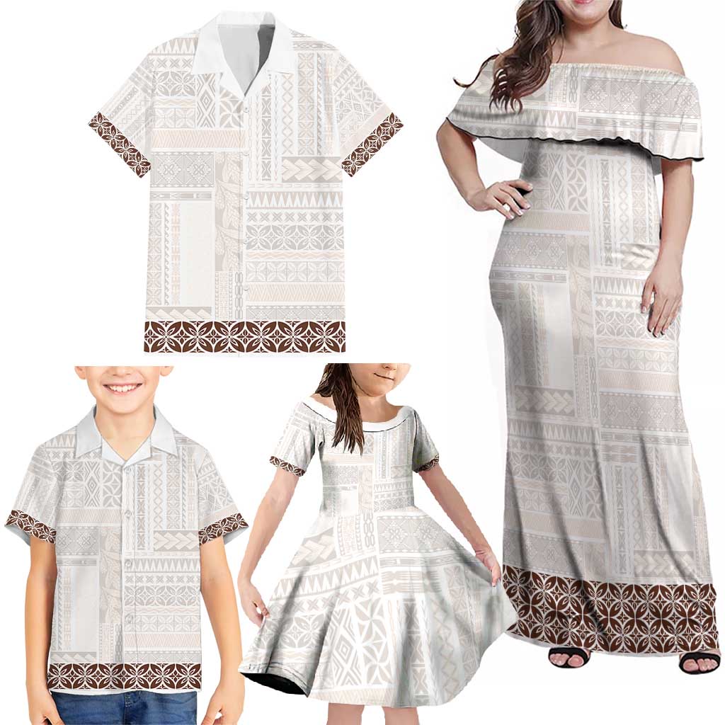 Samoa Siapo Brown Trimmed Family Matching Off Shoulder Maxi Dress and Hawaiian Shirt Samoa White Sunday LT01 - Polynesian Pride