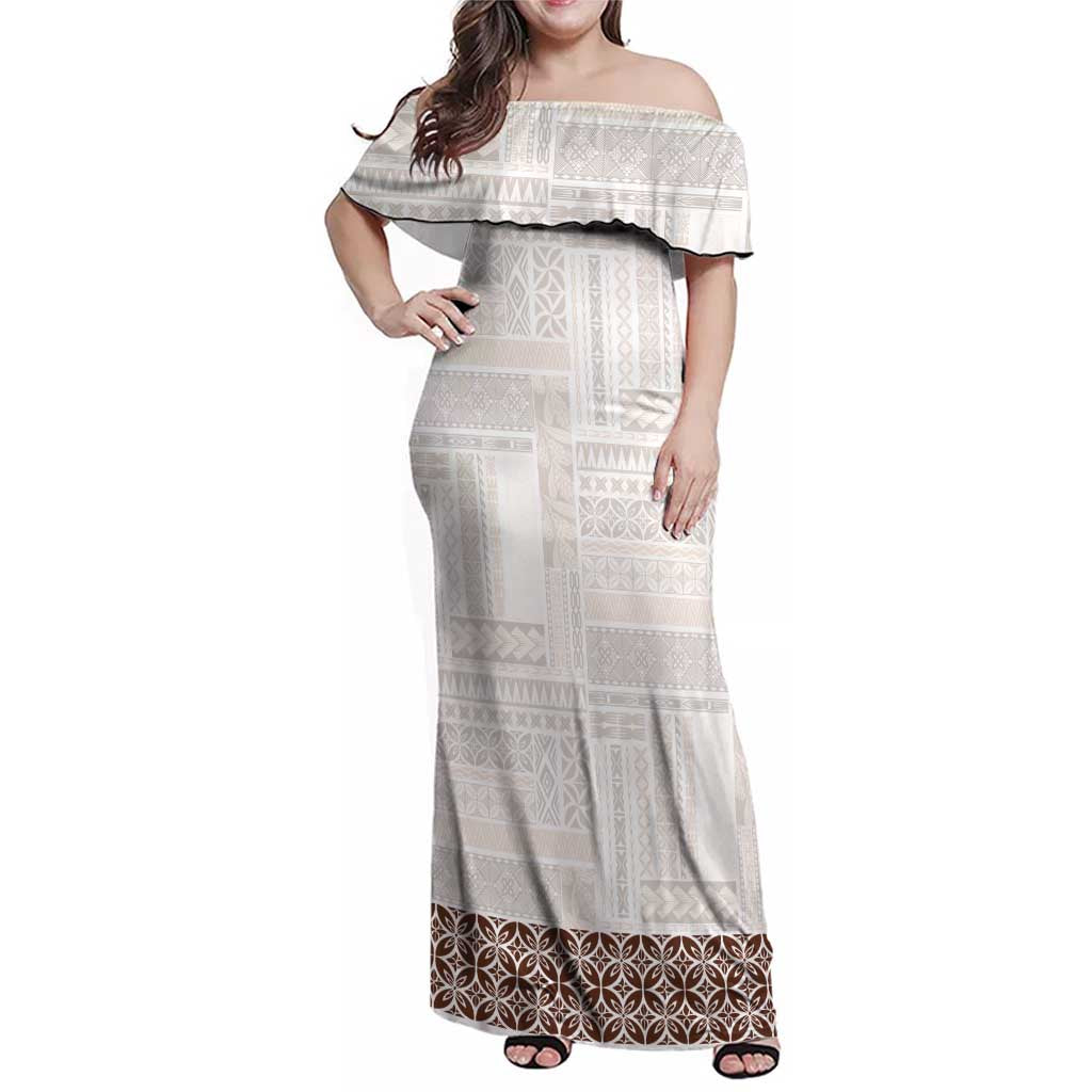 Samoa Siapo Brown Trimmed Family Matching Off Shoulder Maxi Dress and Hawaiian Shirt Samoa White Sunday LT01 Mom's Dress Brown - Polynesian Pride