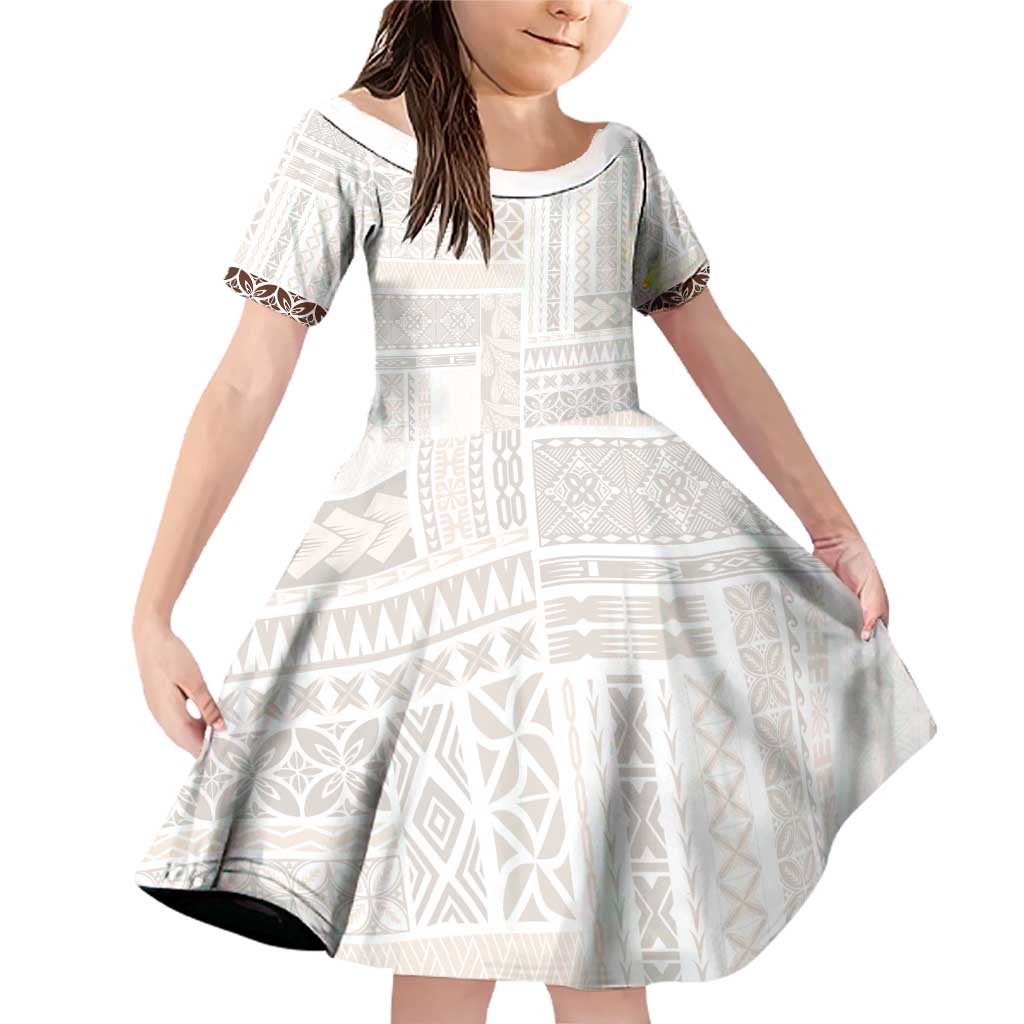 Samoa Siapo Brown Trimmed Family Matching Off Shoulder Short Dress and Hawaiian Shirt Samoa White Sunday LT01 Daughter's Dress Brown - Polynesian Pride