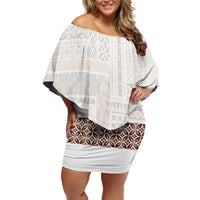Samoa Siapo Brown Trimmed Family Matching Off Shoulder Short Dress and Hawaiian Shirt Samoa White Sunday LT01 Mom's Dress Brown - Polynesian Pride