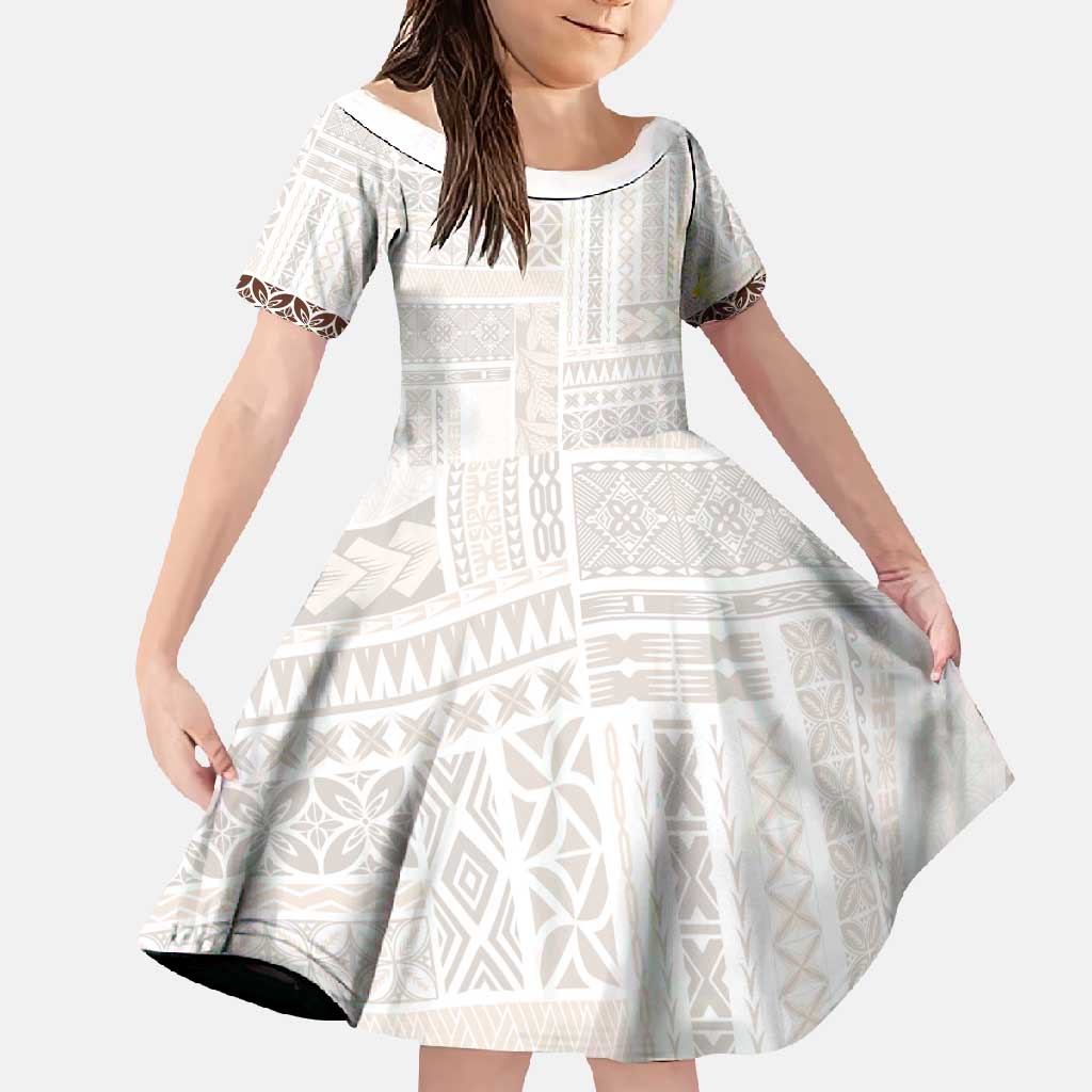 Samoa Siapo Brown Trimmed Family Matching Short Sleeve Bodycon Dress and Hawaiian Shirt Samoa White Sunday LT01 Daughter's Dress Brown - Polynesian Pride