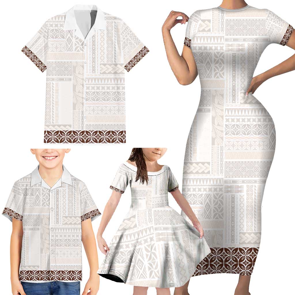 Samoa Siapo Brown Trimmed Family Matching Short Sleeve Bodycon Dress and Hawaiian Shirt Samoa White Sunday LT01 - Polynesian Pride
