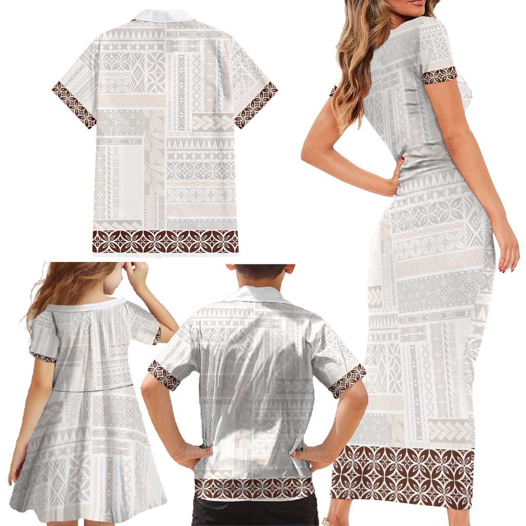 Samoa Siapo Brown Trimmed Family Matching Short Sleeve Bodycon Dress and Hawaiian Shirt Samoa White Sunday LT01 - Polynesian Pride