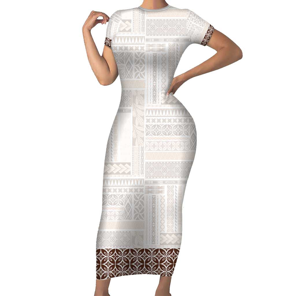 Samoa Siapo Brown Trimmed Family Matching Short Sleeve Bodycon Dress and Hawaiian Shirt Samoa White Sunday LT01 Mom's Dress Brown - Polynesian Pride