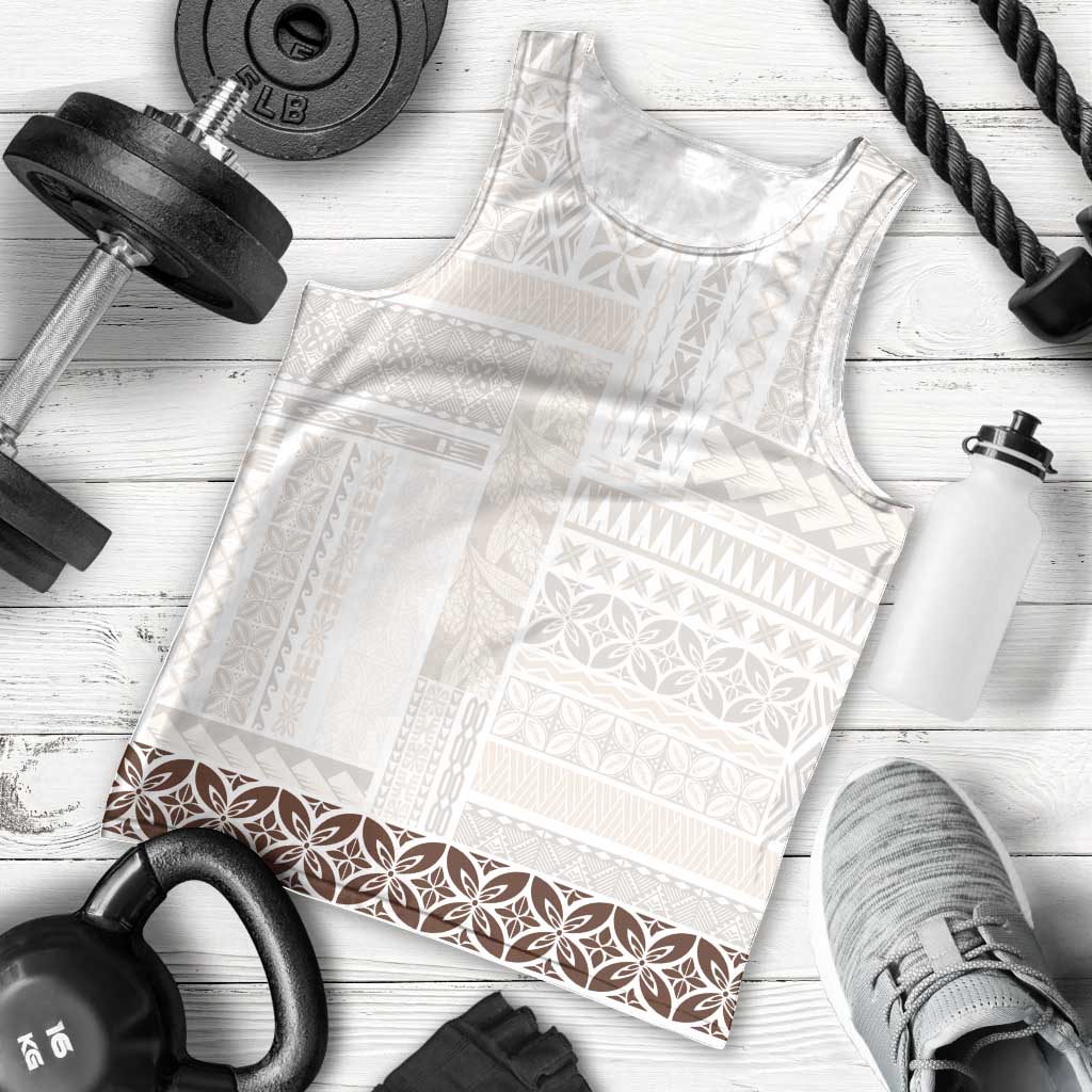 Samoa Siapo Brown Trimmed Men Tank Top Samoa White Sunday - Polynesian Pride