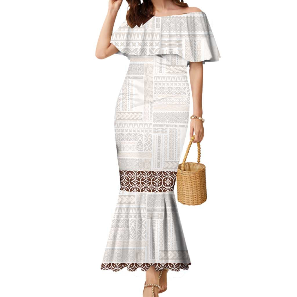 Samoa Siapo Brown Trimmed Mermaid Dress Samoa White Sunday - Polynesian Pride
