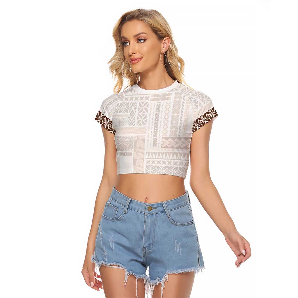 Samoa Siapo Brown Trimmed Raglan Cropped T Shirt Samoa White Sunday - Polynesian Pride