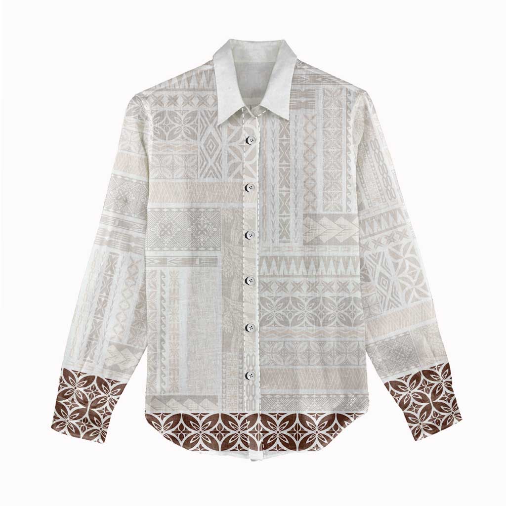 Samoa Siapo Brown Trimmed Women Casual Shirt Samoa White Sunday - Polynesian Pride